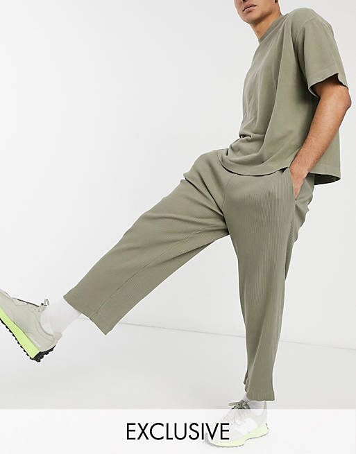 COLLUSION relaxed tapered joggers in heavy compact rib fabric in khaki co-ord
