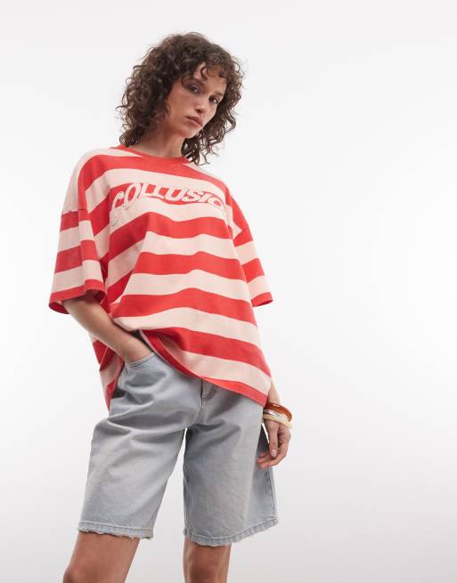 COLLUSION relaxed tee in pink and red stripes, 3 of 4