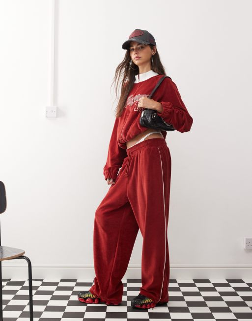 COLLUSION relaxed velvet zip through jacket co-ord in red ASOS