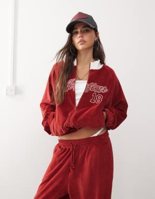 relaxed velvet zip through jacket in red - part of a set