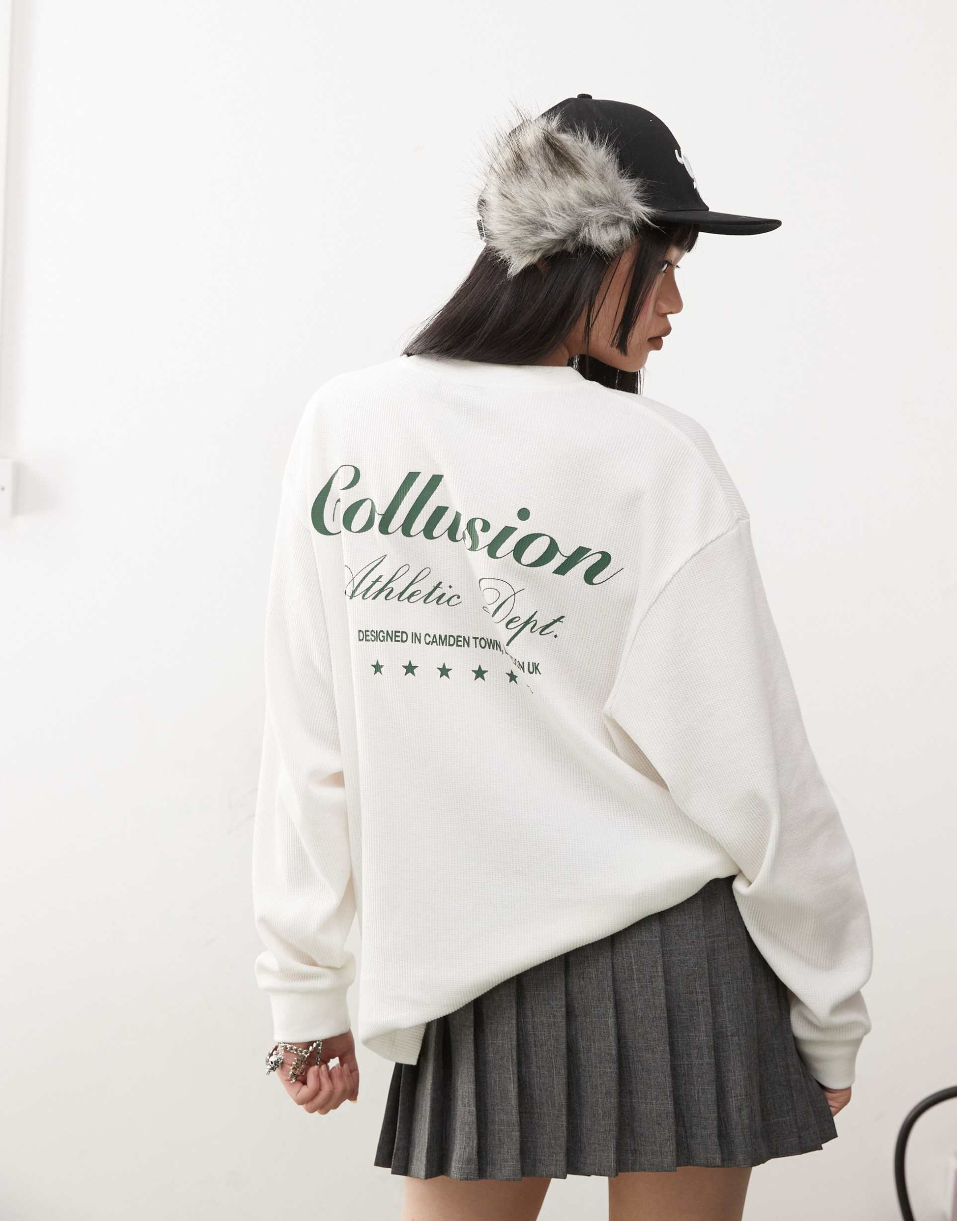 collusion relaxed waffle graphic long sleeve t-shirt in ecru