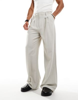 relaxed wide leg tailored pants in stone-Neutral
