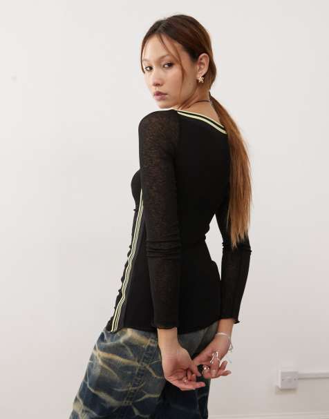 COLLUSION retro mesh layered long sleeve top with yellow contrast in black - view 1