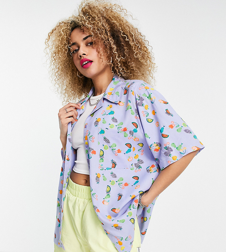 COLLUSION revere shirt in all over fruit print set-Purple