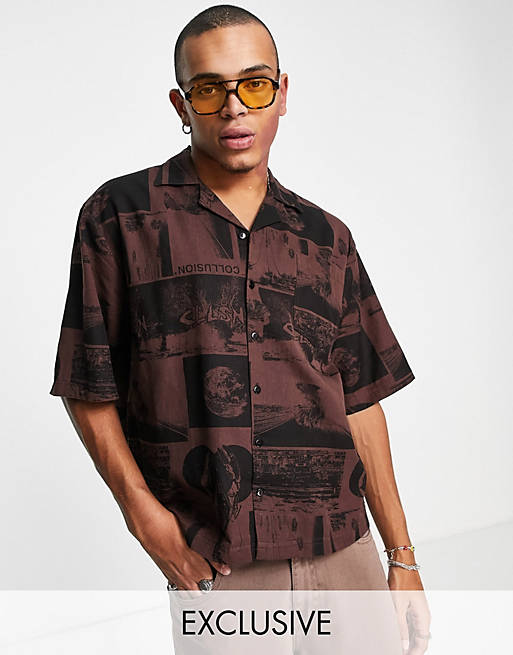 COLLUSION revere shirt in brown print