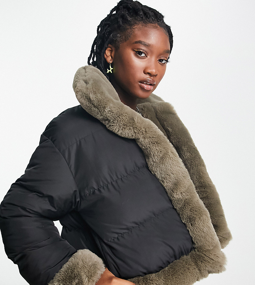 COLLUSION reversible fur and puffer jacket in gray and black