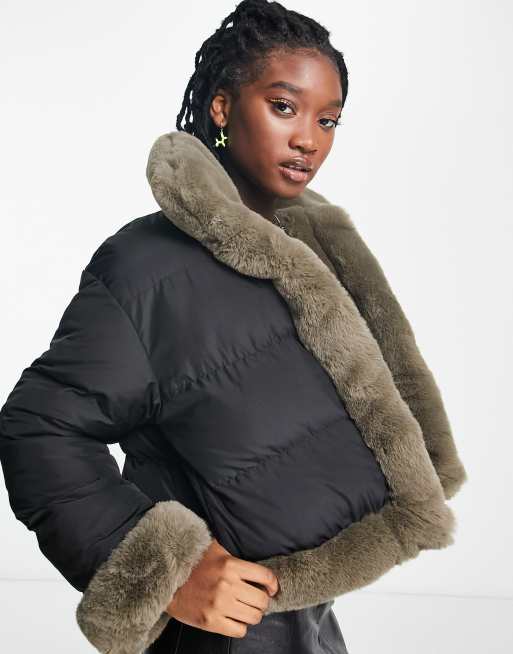 COLLUSION reversible fur and puffer jacket in gray and black | ASOS