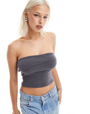 COLLUSION rib bandeau top with foldover in charcoal