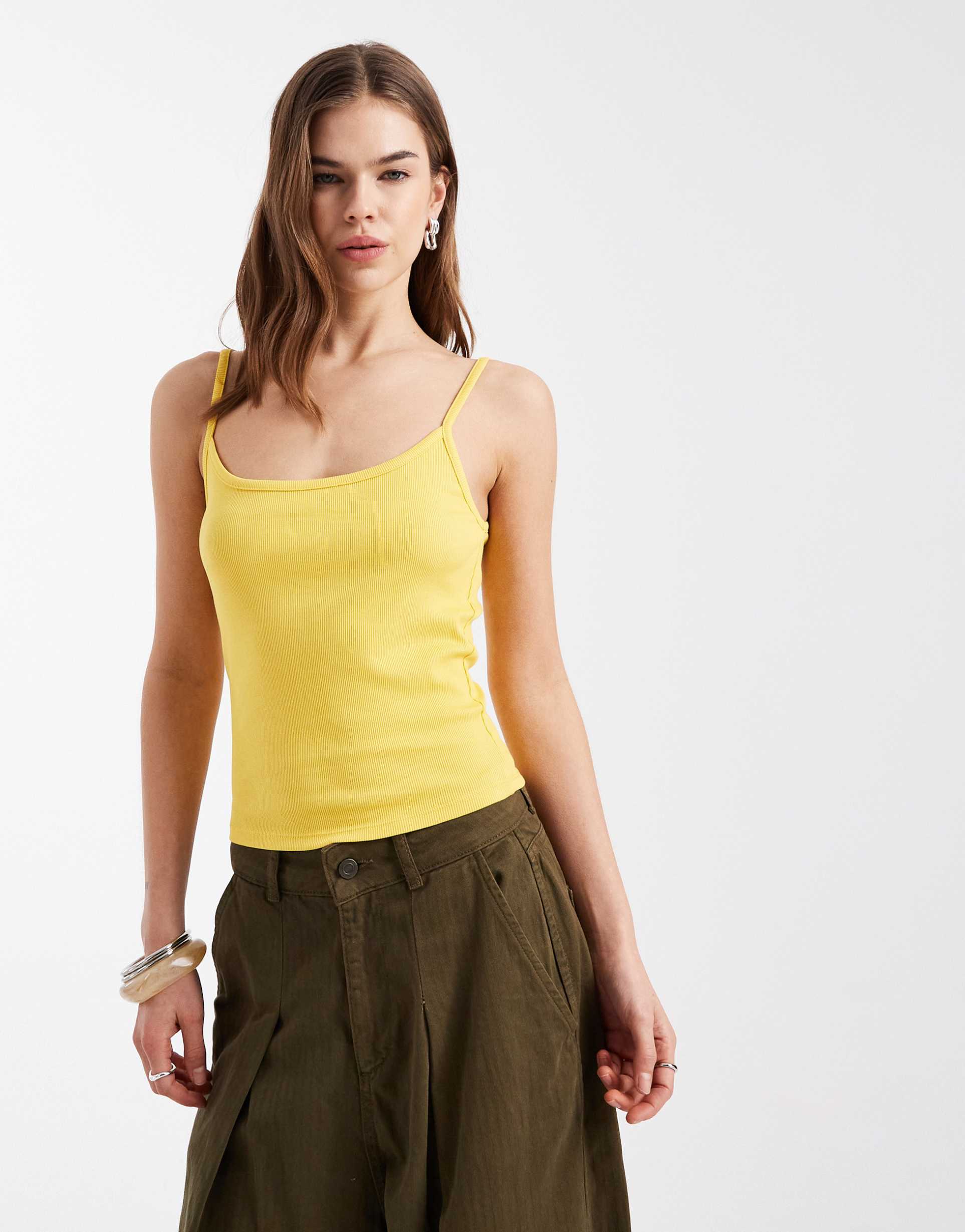 collusion rib knit cropped cami top in mustard yellow