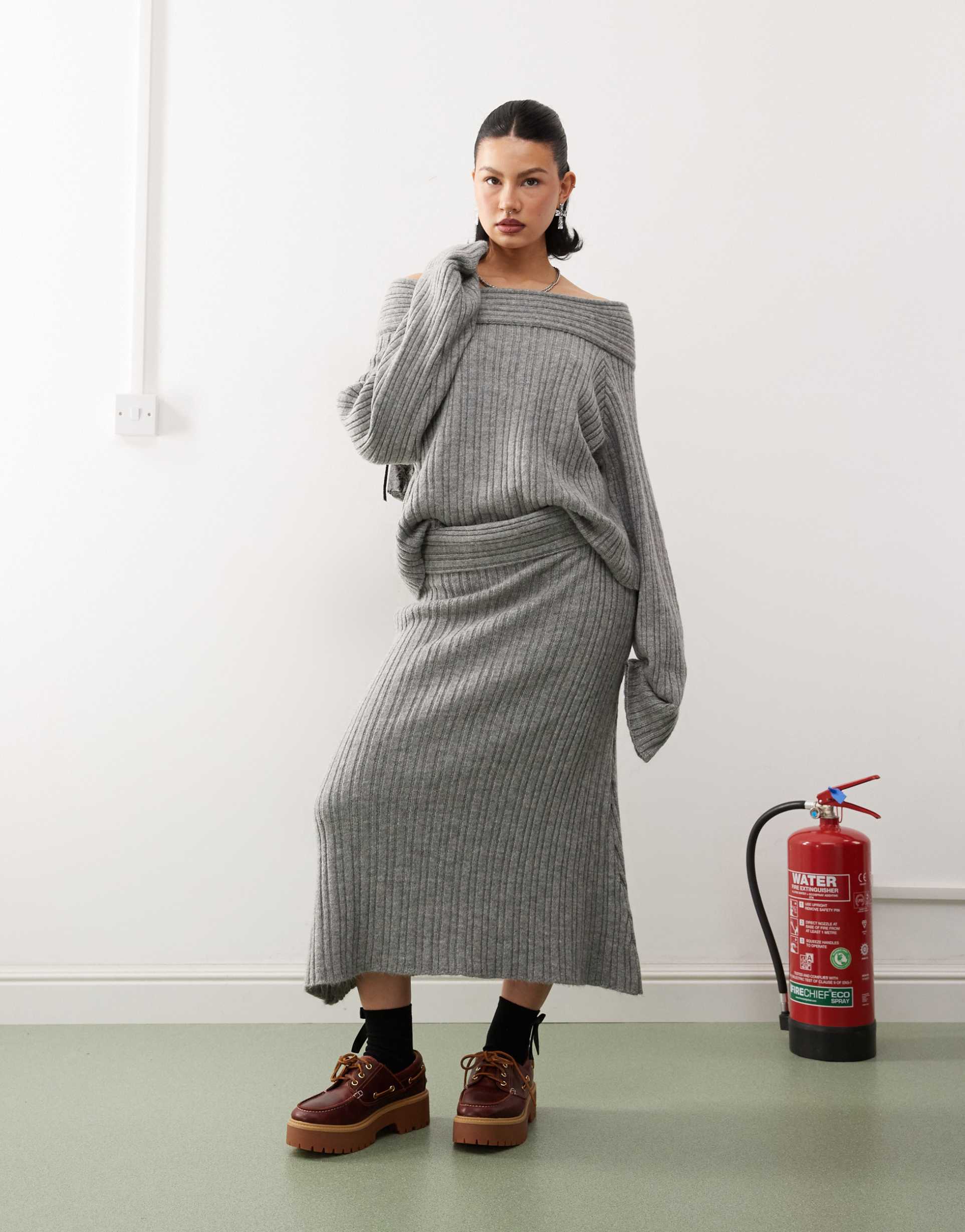 collusion rib knit maxi skirt in charcoal - part of a set