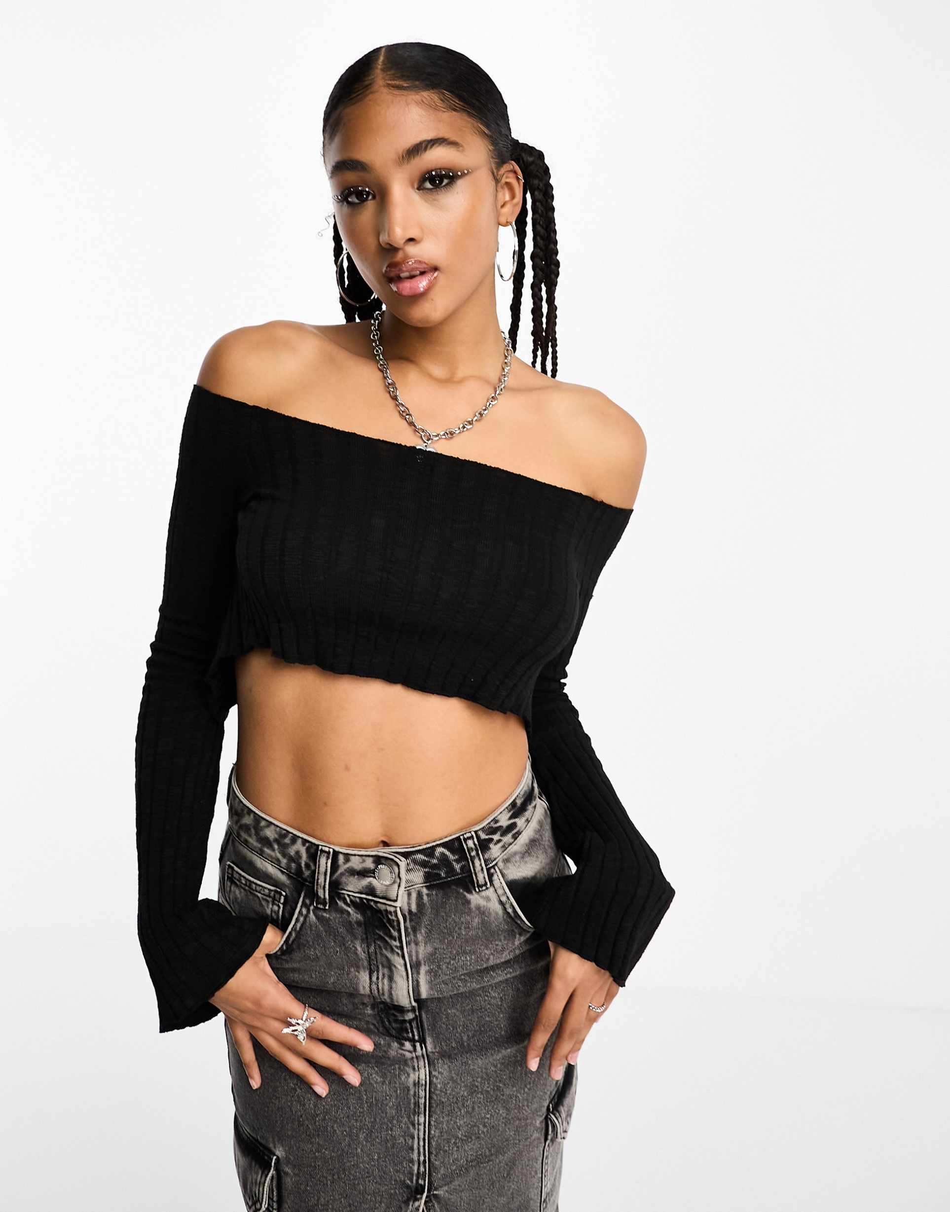 collusion rib multi-wear shrug top in black