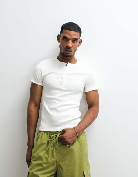 COLLUSION rib muscle short sleeve henley T-shirt in stone - view 1
