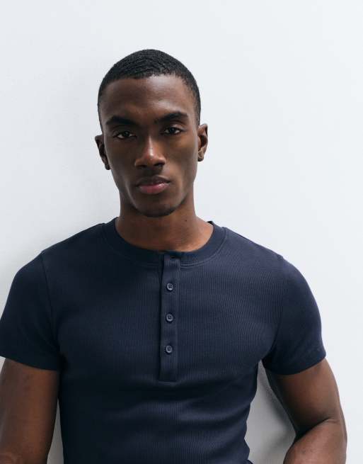 COLLUSION rib muscle short sleeve henley T-shirt top in navy | ASOS