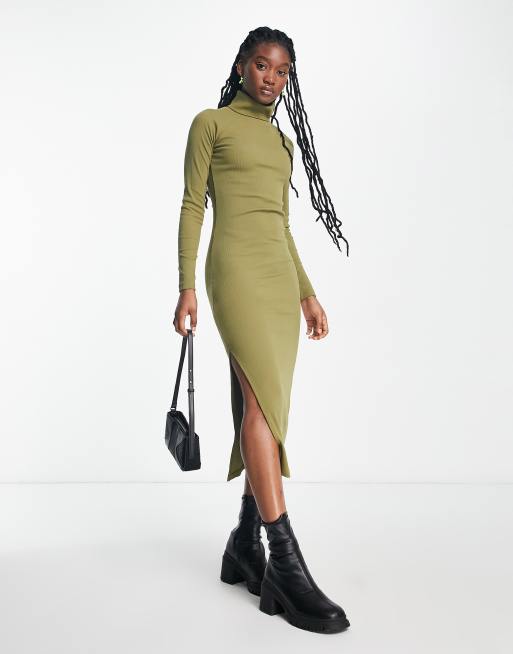 Move Your Body Olive Green Ribbed Bodycon Midi Dress