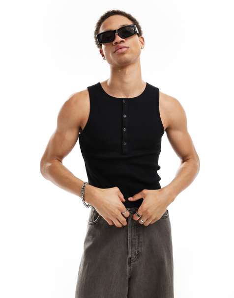 COLLUSION rib slim fit button singlet in black - view 1