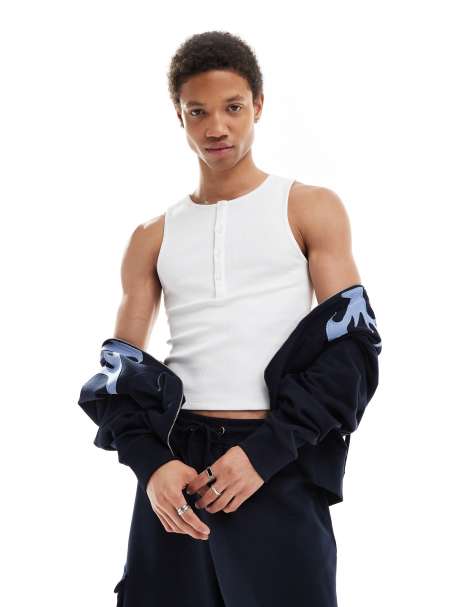 COLLUSION rib slim fit button singlet in white - view 1