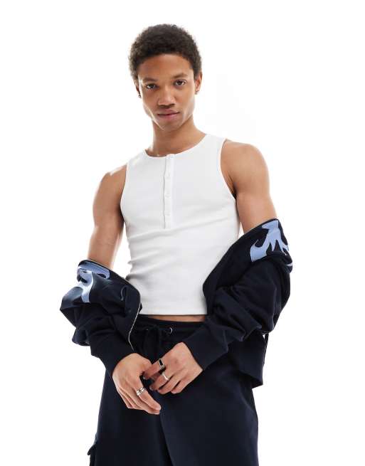COLLUSION rib slim fit button tank top in white 