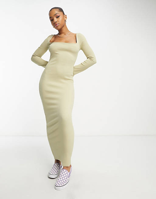  COLLUSION rib square neck long sleeve maxi dress in green