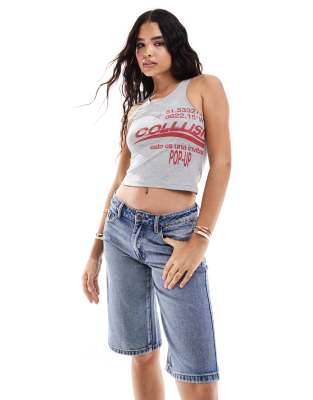 COLLUSION rib tank top in gray heather with contrast red sporty text graphic