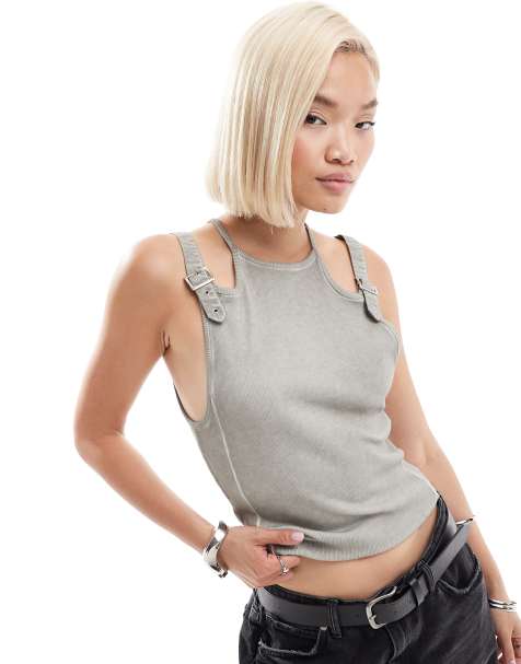 COLLUSION rib tank top with buckle detail in stone - view 1