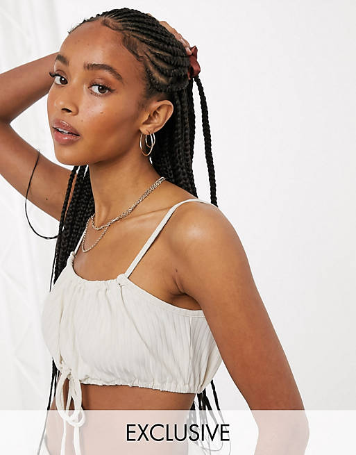 COLLUSION rib tie front crop top co ord in beige