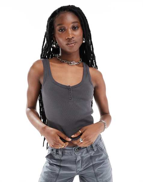 COLLUSION ribbed button cami in charcoal - view 1
