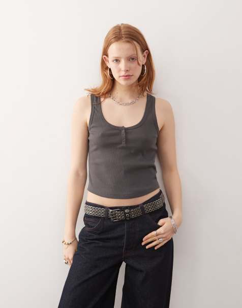 COLLUSION ribbed button cami in grey marl - view 1