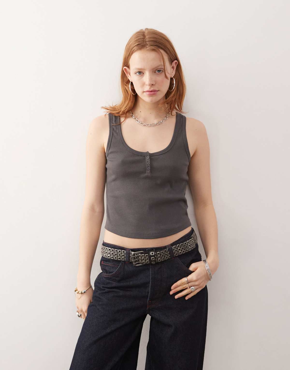 COLLUSION ribbed button cami in grey marl