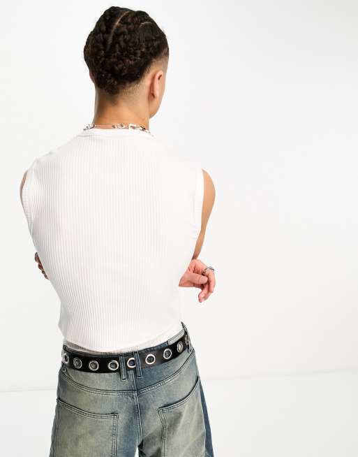 COLLUSION ribbed corset detail tank top in white