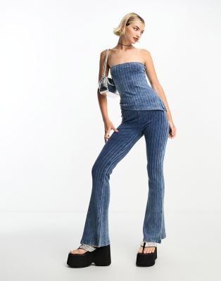 Collusion Long Line Denim Look Ribbed Bandeau In Blue In Blue