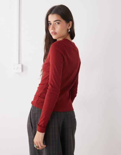 COLLUSION ribbed long sleeve fitted t-shirt in burgundy, 4 of 4