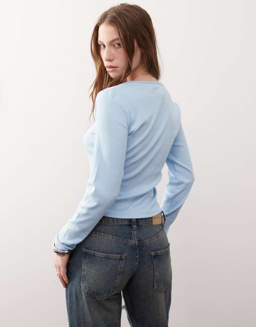 COLLUSION ribbed long sleeve square neck top in blue, 4 of 4