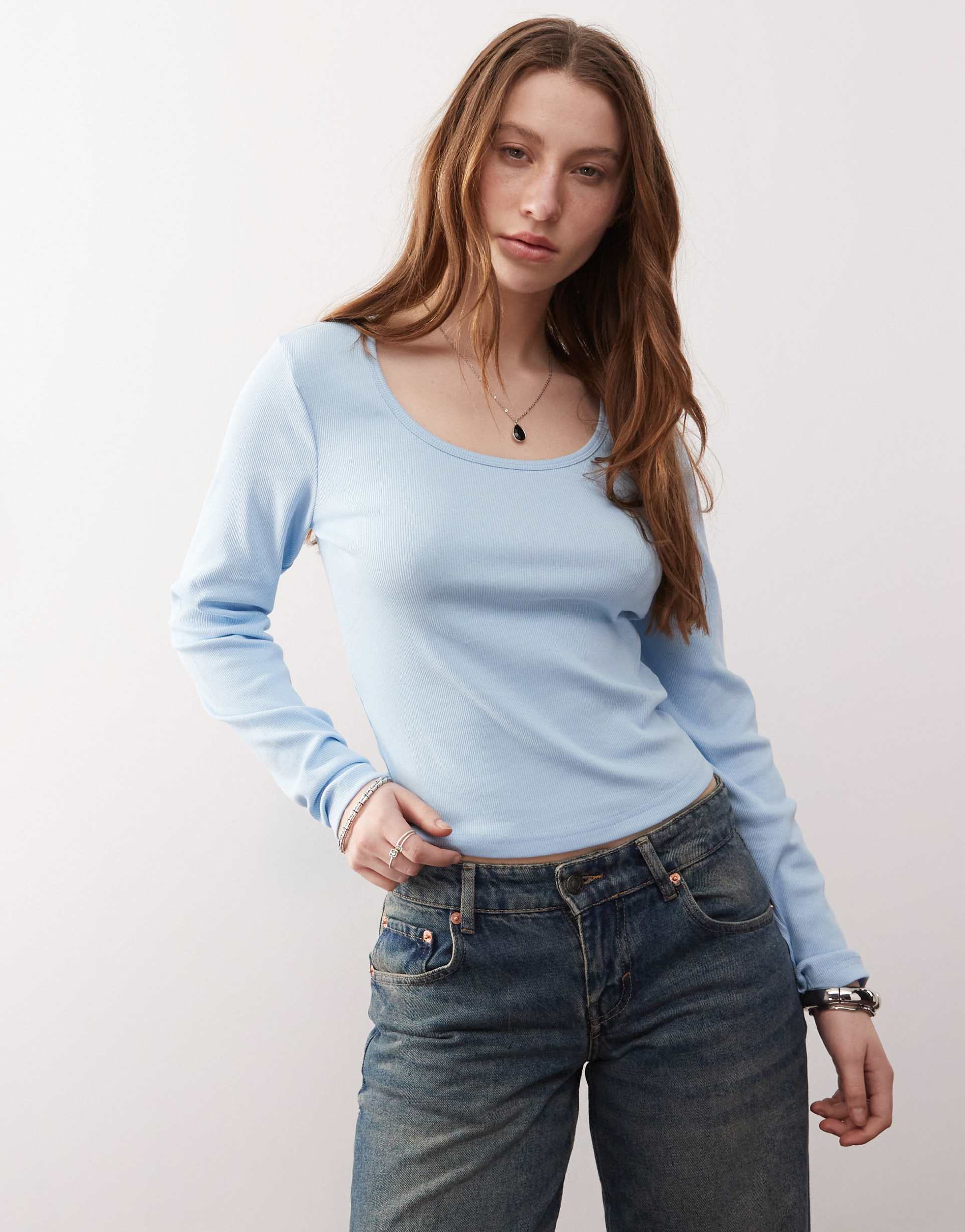 collusion ribbed long sleeve square neck top in gray