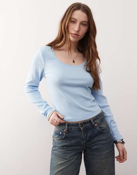 COLLUSION ribbed long sleeve square neck top in grey - view 1