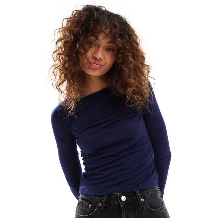 Amoretu Women's Cold Shoulder Long Sleeve Top - Soft Cotton V-Neck Tee Shirt (Navy, Medium)
