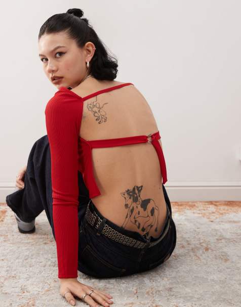 COLLUSION ribbed long sleeve top with tie back in red - view 1