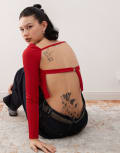 [Collusion] COLLUSION ribbed long sleeve top with tie back in red M RED