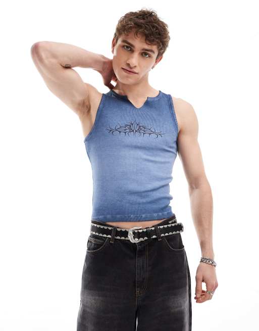 COLLUSION ribbed muscle festival tank top in blue with wash and print 