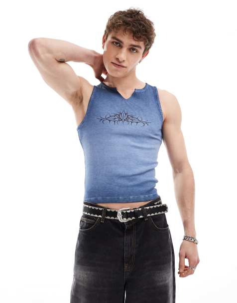 COLLUSION Ribbed muscle festival vest in blue with wash and print  - view 1