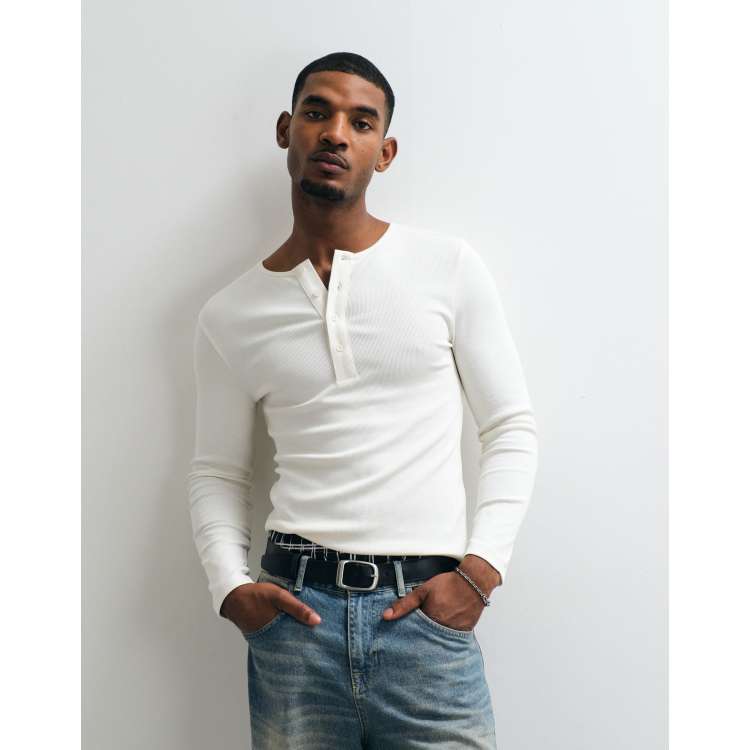 COLLUSION ribbed muscle long sleeve henley t-shirt top in stone | ASOS