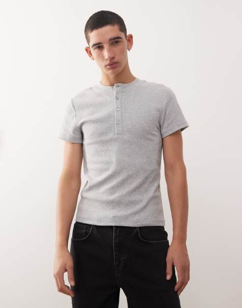 COLLUSION Ribbed muscle short sleeve henley T-shirt in gray heather - view 1