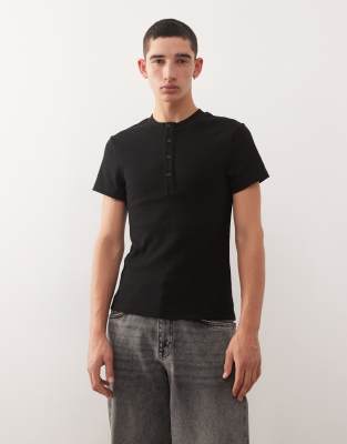 Collusion COLLUSION Ribbed muscle short sleeve henley t-shirt top in black-Neutral