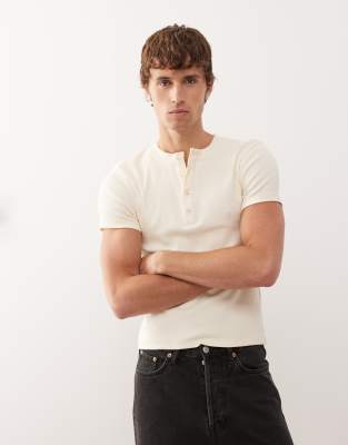 Ribbed muscle short sleeve henley T-shirt top in stone-Neutral