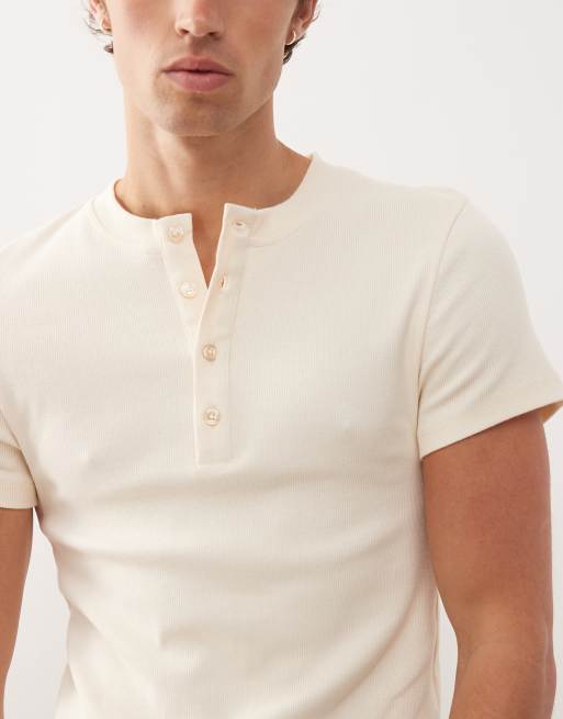 COLLUSION - T-shirt moulant côtelé à col boutonné et manches courtes - Taupe