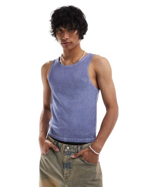 COLLUSION ribbed muscle singlet in blue wash - view 1