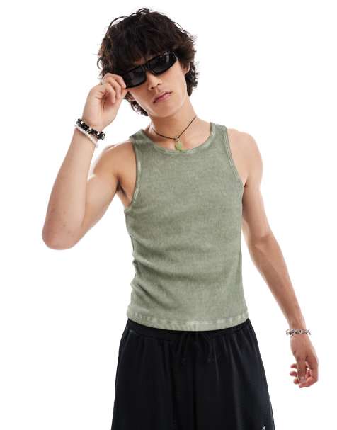 COLLUSION Ribbed muscle vest with oil wash in green - view 1