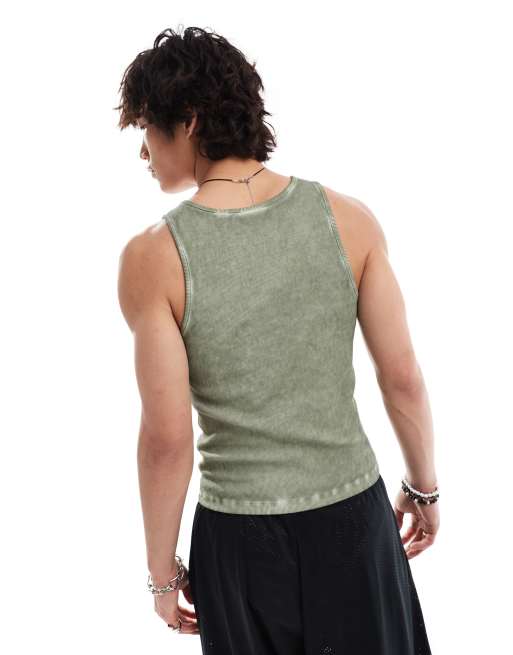 COLLUSION Ribbed muscle vest with oil wash in green