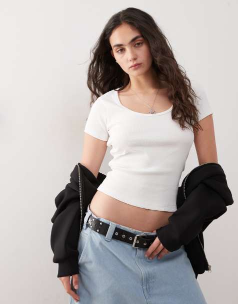 COLLUSION ribbed short sleeve round neck top in white - view 1