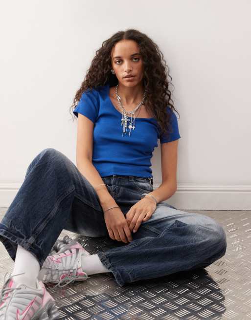 COLLUSION ribbed short sleeve square neck top in navy