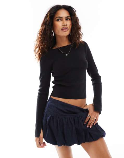 COLLUSION ribbed slash neck fine gauge jumper in black - view 1
